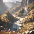 Lake in mountains streams and rivers flow down slopes of mountains and rocks into the valley spring in mountains, 8k, Award-Winning, Highly Detailed, Beautiful, Octane Render, Unreal Engine, Radiant, Volumetric Lighting by Greg Rutkowski