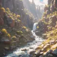 Lake in mountains streams and rivers flow down slopes of mountains and rocks into the valley spring in mountains, 8k, Award-Winning, Highly Detailed, Beautiful, Octane Render, Unreal Engine, Radiant, Volumetric Lighting by Greg Rutkowski