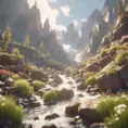 Lake in mountains streams and rivers flow down slopes of mountains and rocks into the valley spring in mountains, 8k, Award-Winning, Highly Detailed, Beautiful, Octane Render, Unreal Engine, Radiant, Volumetric Lighting by Greg Rutkowski