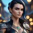 Close up of Morgana with tattoos wearing leather, 8k, Highly Detailed, Alluring, Artstation, Bokeh effect, Sharp Focus, Volumetric Lighting, Concept Art by Stanley Artgerm Lau, Greg Rutkowski
