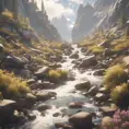 Lake in mountains streams and rivers flow down slopes of mountains and rocks into the valley spring in mountains, 8k, Award-Winning, Highly Detailed, Beautiful, Octane Render, Unreal Engine, Radiant, Volumetric Lighting by Greg Rutkowski