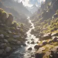 Lake in mountains streams and rivers flow down slopes of mountains and rocks into the valley spring in mountains, 8k, Award-Winning, Highly Detailed, Beautiful, Octane Render, Unreal Engine, Radiant, Volumetric Lighting by Greg Rutkowski