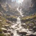 Lake in mountains streams and rivers flow down slopes of mountains and rocks into the valley spring in mountains, 8k, Award-Winning, Highly Detailed, Beautiful, Octane Render, Unreal Engine, Radiant, Volumetric Lighting by Greg Rutkowski