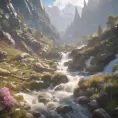 Lake in mountains streams and rivers flow down slopes of mountains and rocks into the valley spring in mountains, 8k, Award-Winning, Highly Detailed, Beautiful, Octane Render, Unreal Engine, Radiant, Volumetric Lighting by Greg Rutkowski