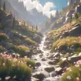 Lake in mountains streams and rivers flow down slopes of mountains and rocks into the valley spring in mountains, 8k, Award-Winning, Highly Detailed, Beautiful, Octane Render, Unreal Engine, Radiant, Volumetric Lighting by Greg Rutkowski