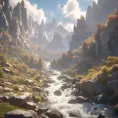 Lake in mountains streams and rivers flow down slopes of mountains and rocks into the valley spring in mountains, 8k, Award-Winning, Highly Detailed, Beautiful, Octane Render, Unreal Engine, Radiant, Volumetric Lighting by Greg Rutkowski