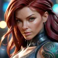 Close up of a red haired Sarah Kerrigan with tattoos, 8k, Highly Detailed, Artstation, Bokeh effect, Sharp Focus, Volumetric Lighting, Concept Art by Stanley Artgerm Lau, Greg Rutkowski