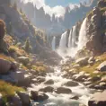 Lake in mountains streams and rivers flow down slopes of mountains and rocks into the valley spring in mountains, 8k, Award-Winning, Highly Detailed, Beautiful, Octane Render, Unreal Engine, Radiant, Volumetric Lighting by Greg Rutkowski