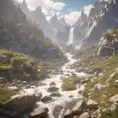 Lake in mountains streams and rivers flow down slopes of mountains and rocks into the valley spring in mountains, 8k, Award-Winning, Highly Detailed, Beautiful, Octane Render, Unreal Engine, Radiant, Volumetric Lighting by Greg Rutkowski
