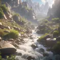 Lake in mountains streams and rivers flow down slopes of mountains and rocks into the valley spring in mountains, 8k, Award-Winning, Highly Detailed, Beautiful, Octane Render, Unreal Engine, Radiant, Volumetric Lighting by Greg Rutkowski
