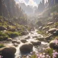 Lake in mountains streams and rivers flow down slopes of mountains and rocks into the valley spring in mountains, 8k, Award-Winning, Highly Detailed, Beautiful, Octane Render, Unreal Engine, Radiant, Volumetric Lighting by Greg Rutkowski