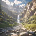 Lake in mountains streams and rivers flow down slopes of mountains and rocks into the valley spring in mountains, 8k, Award-Winning, Highly Detailed, Beautiful, Octane Render, Unreal Engine, Radiant, Volumetric Lighting by Greg Rutkowski