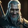 A half body matte portrait of a smiling Geralt in The Witcher 3 style armor, 4k, Highly Detailed, Beautiful, Cinematic Lighting, Sharp Focus, Volumetric Lighting, Closeup Portrait, Concept Art by Stefan Kostic