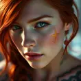 Close up of a red haired Sarah Kerrigan with tattoos, 8k, Highly Detailed, Artstation, Bokeh effect, Sharp Focus, Volumetric Lighting, Concept Art by Stanley Artgerm Lau, Greg Rutkowski