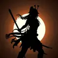 Silhouette of a samurai female assassin in the style of Fire watch, 8k, Dystopian, Trending on Artstation, Volumetric Lighting