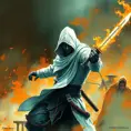 White Assassin emerging from a firey fog of battle, Highly Detailed, Vibrant Colors, Ink Art, Fantasy, Dark by Stanley Artgerm Lau