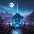 Cosmic round beautiful indigo temple in the center of a futuristic community. Extraterrestrial landscape. Planet sirius. The moon and stars can be seen in the sky even during the day., Sci-Fi, Volumetric Lighting, Vibrant Colors by Greg Rutkowski