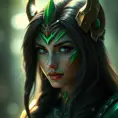 Alluring portrait of a beautiful Sivir from League of Legends in Green, Highly Detailed, Half Body, Bokeh effect, Photo Realistic by Stefan Kostic