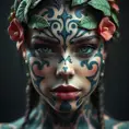 Closeup matte portrait of a tattooed Poison Ivy, symmetrical face, 8k, Highly Detailed, Intricate, Artstation, Sharp Focus, Volumetric Lighting, Concept Art by Stanley Artgerm Lau, Greg Rutkowski