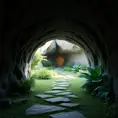 Arc hallway for secret overwatch habitation quarters carved inside a well lit cave surrounding a lush garden, 8k, Trending on Artstation, Minimalism, Unimaginable Beauty, Sharp Focus, 3D Rendering, Unreal Engine, Natural Light, Concept Art, Naturalism