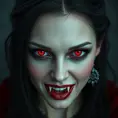 A beautiful romanian vampire woman with penetrating red bright eyes, long fangs, perfect face, 8k, Hyper Detailed, Intricate Details, Masterpiece, Contemporary, Full Body, Trending on Artstation, Gothic, Deviantart, Concept Art by Stefan Kostic