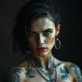 Matte portrait of Morgana with tattoos, Highly Detailed, Alluring, Bokeh effect, Photo Realistic, Sharp Focus, Volumetric Lighting