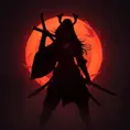 Silhouette of a samurai female assassin in the style of Fire watch, 8k, Dystopian, Trending on Artstation, Volumetric Lighting