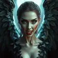 A beautiful winged romanian vampire woman with penetrating eyes, fangs, perfect face, 8k, Hyper Detailed, Intricate Details, Masterpiece, Contemporary, Full Body, Trending on Artstation, Gothic, Deviantart, Concept Art by Stefan Kostic