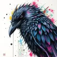 Raven, Highly Detailed, Intricate, Color Splash, Ink Art, Fantasy, Dark