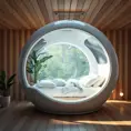 Futuristic sleeping relax pod, transparent orb, plants, natural daytime lighting, natural wooden environment, flat design, product-view, 8k, Futuristic, Sci-Fi, Natural Light