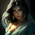 Alluring matte portrait of Princess Jasmine, 4k, 4k resolution, 8k, HD, High Definition, High Resolution, Highly Detailed, HQ, Hyper Detailed, Intricate Artwork, Ultra Detailed, Digital Painting, Matte Painting, Realistic, Sharp Focus, Dim light, Fantasy by Stanley Artgerm Lau