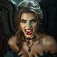 A beautiful fierce winged romanian vampire woman with fangs, red eyes, Intricate Details, Masterpiece, Full Body, Gothic, Photo Realistic, Deviantart, Volumetric Lighting