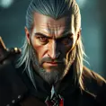 A half body matte portrait of a pleasant Geralt in The Witcher 3 style wearing the Witcher emblem, 4k, Highly Detailed, Beautiful, Cinematic Lighting, Sharp Focus, Volumetric Lighting, Closeup Portrait, Concept Art by Stefan Kostic