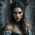 A beautiful winged romanian vampire woman with penetrating eyes, fangs, perfect face, 8k, Hyper Detailed, Intricate Details, Masterpiece, Contemporary, Full Body, Trending on Artstation, Gothic, Deviantart, Concept Art by Stefan Kostic