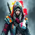 Hooded Ciri from the Witcher emerging from the fog of war, ink splash, Highly Detailed, Vibrant Colors, Ink Art, Fantasy, Dark by Stanley Artgerm Lau