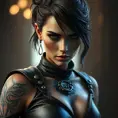 Close up of Morgana with tattoos wearing leather, 8k, Highly Detailed, Alluring, Artstation, Bokeh effect, Sharp Focus, Volumetric Lighting, Concept Art by Stanley Artgerm Lau, Greg Rutkowski