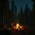 A highly detailed matte painting of a camp fire in the forest at night in the style of Firewatch, 4k resolution, Masterpiece, Trending on Artstation, Volumetric Lighting