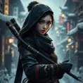 Mysterious beautiful armed kunoichi ninja wearing eyeliner and gold jewelry in the streets of a dark snowy town, 8k, Intricate Details, Trending on Artstation, Beautiful, Stunning, Centered by Stanley Artgerm Lau, WLOP