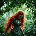 An fierce red headed Poison Ivy in an ivy forest, Intricate, Half Body, Photo Realistic