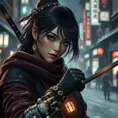 Mysterious beautiful armed kunoichi ninja wearing eyeliner and gold jewelry in the dark snowy streets of tokyo, 8k, Intricate Details, Trending on Artstation, Beautiful, Stunning, Centered by Stanley Artgerm Lau, WLOP