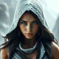 Matte portrait of a beautiful Lara Croft in white Assassin's Creed style, 8k, Highly Detailed, Intricate, Realistic, Sharp Focus, Volumetric Lighting, Fantasy, Elegant by Stanley Artgerm Lau, WLOP, Stefan Kostic