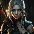 Alluring matte full body portrait of a beautiful Ciri from the Witcher 3 wearing black leather, 8k, Highly Detailed, Intricate, Realistic, Sharp Focus, Volumetric Lighting, Fantasy, Elegant by Stanley Artgerm Lau, WLOP