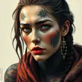 Colorful portrait of a tattooed Aloy with a grey scale face, 4k, Highly Detailed, Hyper Detailed, Powerful, Artstation, Vintage Illustration, Digital Painting, Sharp Focus, Smooth, Concept Art by Stanley Artgerm Lau, Alphonse Mucha, Greg Rutkowski