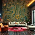 Imagine a modern and technology-inspired living room with a unique twist. The centerpiece of the room is a striking circuit board interior wallpaper that covers one wall. The wallpaper features intricate circuit board diagrams, electronic symbols, and vibrant metallic tones, Vintage Illustration, Retro-Futurism, Sci-Fi by Stefan Kostic