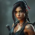 Matte portrait of the beautiful Lara Croft as a ninja, 8k, Highly Detailed, Intricate, Realistic, Sharp Focus, Volumetric Lighting, Fantasy, Elegant by Stanley Artgerm Lau, WLOP, Stefan Kostic