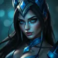 Alluring matte portrait of a beautiful Irelia from League of Legends in Blue, Highly Detailed, Full Body, Bokeh effect, Photo Realistic, Sharp Focus by Stefan Kostic