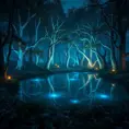 A magical pond in a fantasy forest with glowing blue trees at night, 4k, HQ, Intricate, Artstation, Cinematic Lighting, Photo Realistic, Sharp Focus, Unreal Engine, Dark