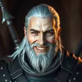 A half body matte portrait of a smiling Geralt in The Witcher 3 style armor, 4k, Highly Detailed, Beautiful, Cinematic Lighting, Sharp Focus, Volumetric Lighting, Closeup Portrait, Concept Art by Stefan Kostic