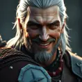 A half body matte portrait of a smiling Geralt in The Witcher 3 style armor, 4k, Highly Detailed, Beautiful, Cinematic Lighting, Sharp Focus, Volumetric Lighting, Closeup Portrait, Concept Art by Stefan Kostic