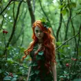 An alluring beautiful red headed Poison Ivy in a magical forest, Intricate, Full Body, Photo Realistic